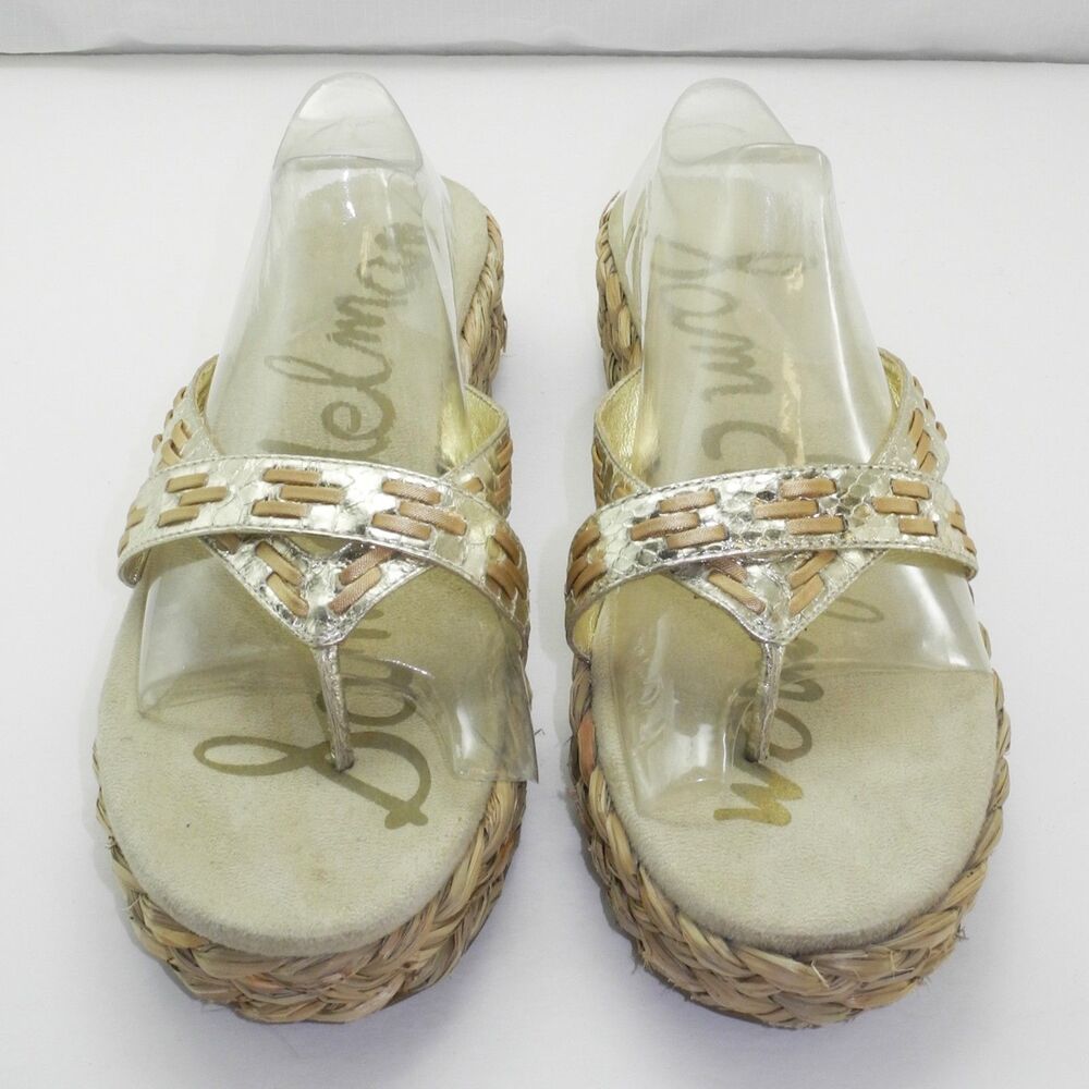 Sam Edelman Platform Toe Post Sandal Women's 10 Silver Gold Leather Woven Jute